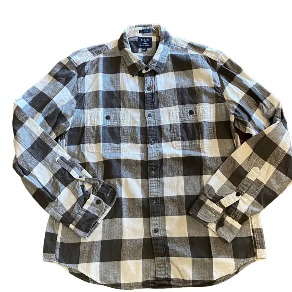J Crew Mens XL Gray Buffalo Plaid Herringbone Flannel texture Long Sleeve Shirt